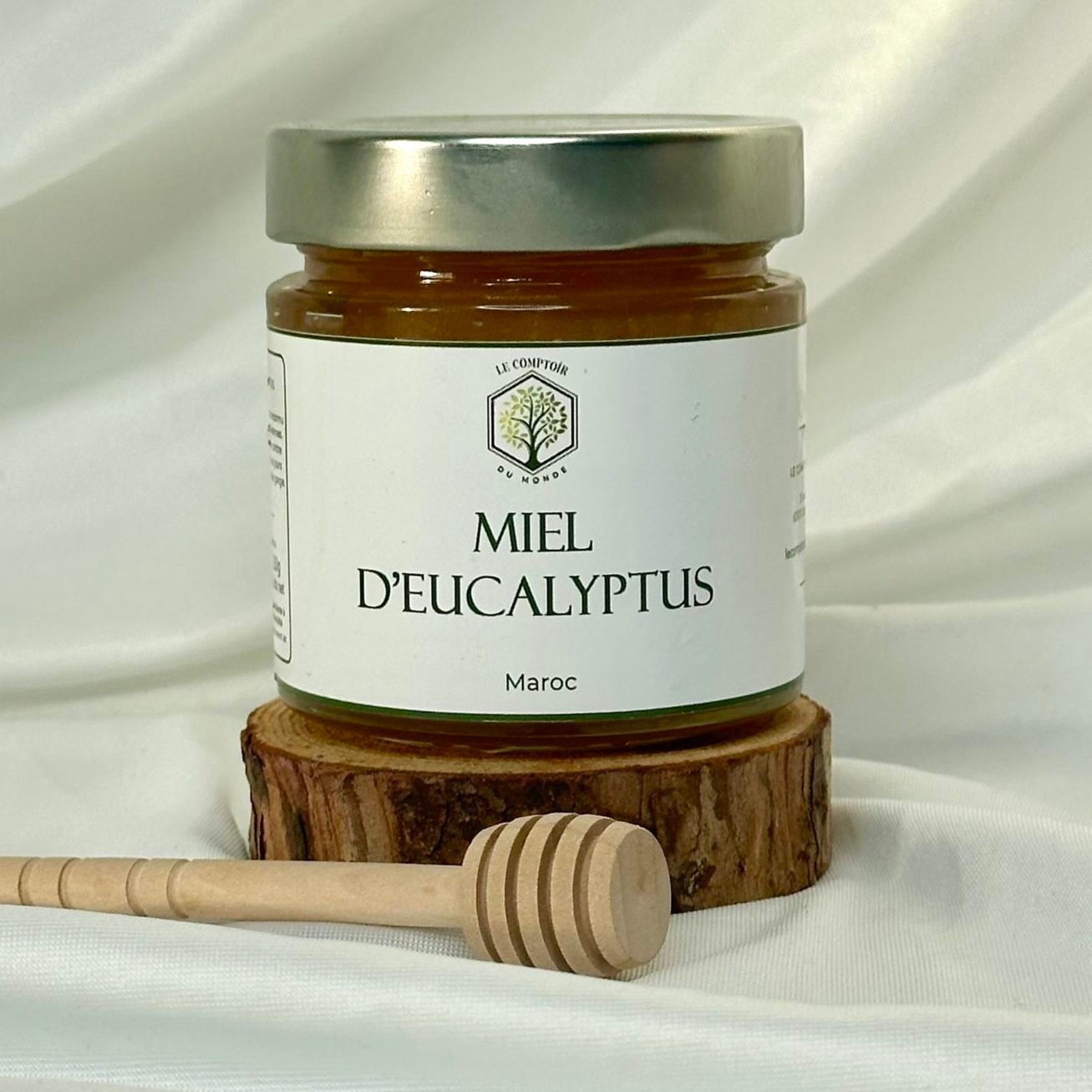 Pot de miel d’eucalyptus pur et artisanal, miel naturel du Maroc aux notes boisées, réputé pour ses bienfaits respiratoires et apaisants