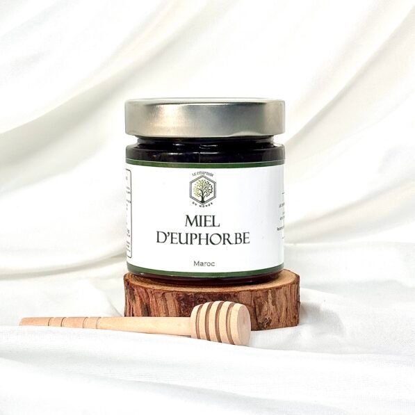 Pot de miel d’euphorbe Daghmous du Maroc, miel rare et puissant, récolté artisanalement pour ses vertus respiratoires, digestives et énergisantes