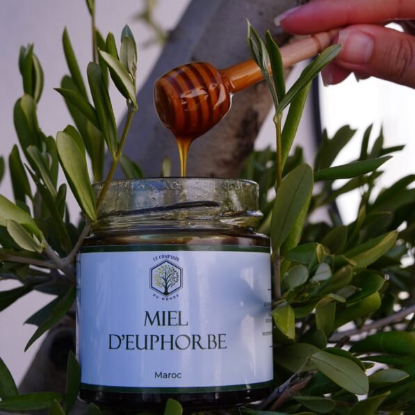 pot de miel d’euphorbe du Maroc, miel daghmous rare et naturel, au goût fort et piquant, récolté artisanalement dans les montagnes du sud marocain