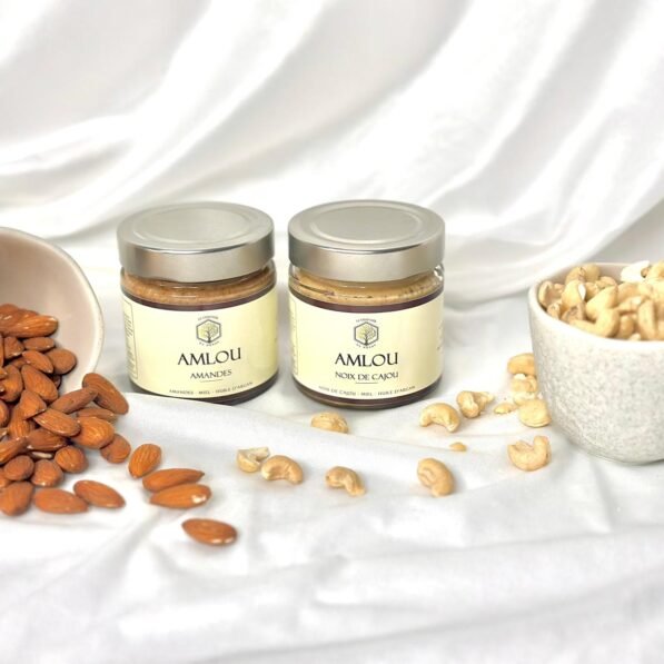 Pack découverte d’amlou artisanal marocain, avec amlou aux amandes et amlou aux noix de cajou, à base d’huile d’argan et de miel naturel