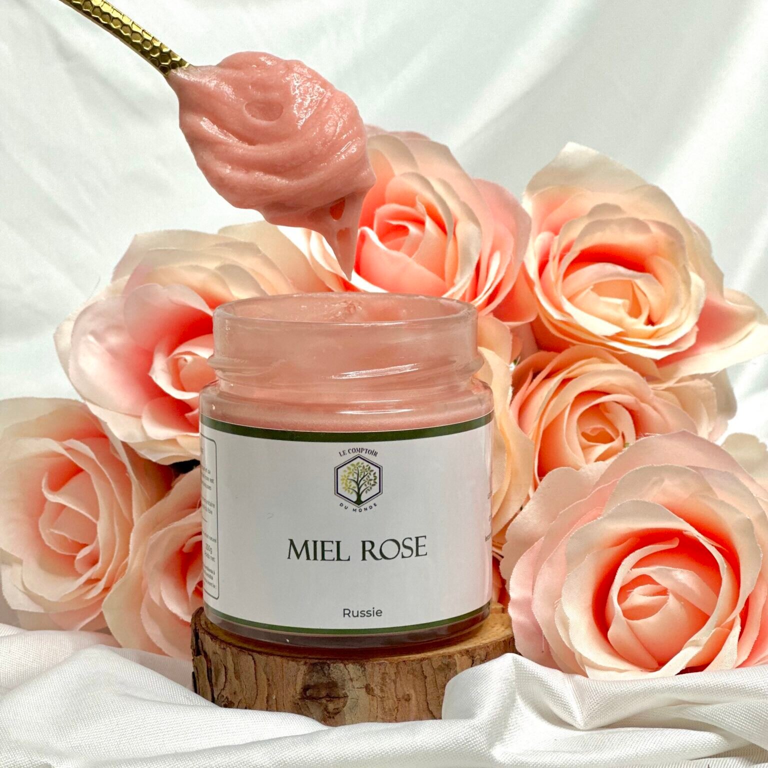 Pot de miel rose de Russie artisanal, miel rare et floral à la couleur dorée rosée, riche en arômes et vertus naturelles