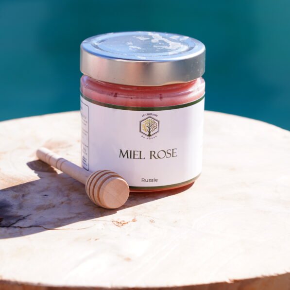 pot de miel rose de Russie, miel rare et floral récolté artisanalement dans les steppes russes