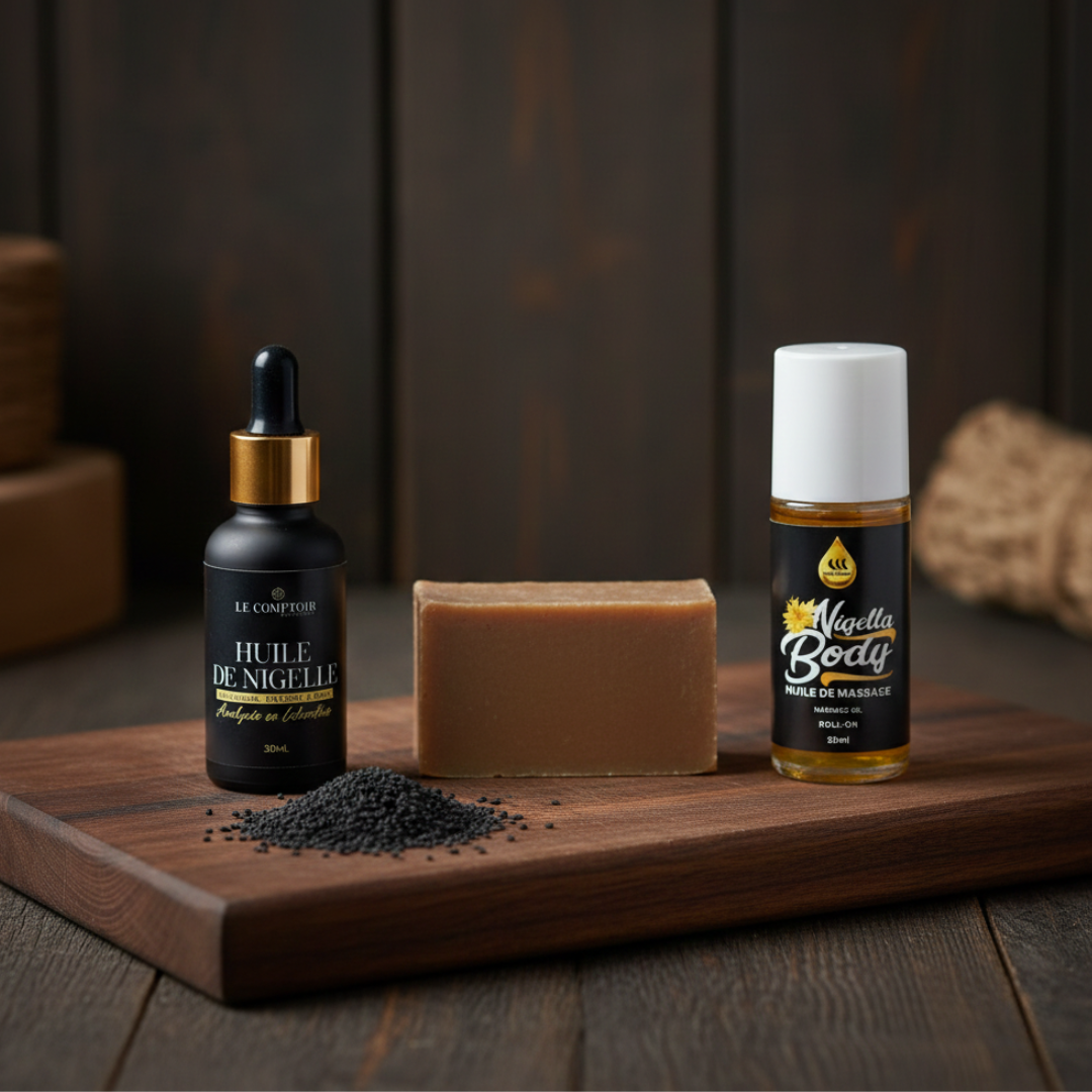 Coffret cadeau nigelle d'Éthiopie : huile pure, roll-on gaulthérie et menthe poivrée, savon visage et corps pour l'Aïd